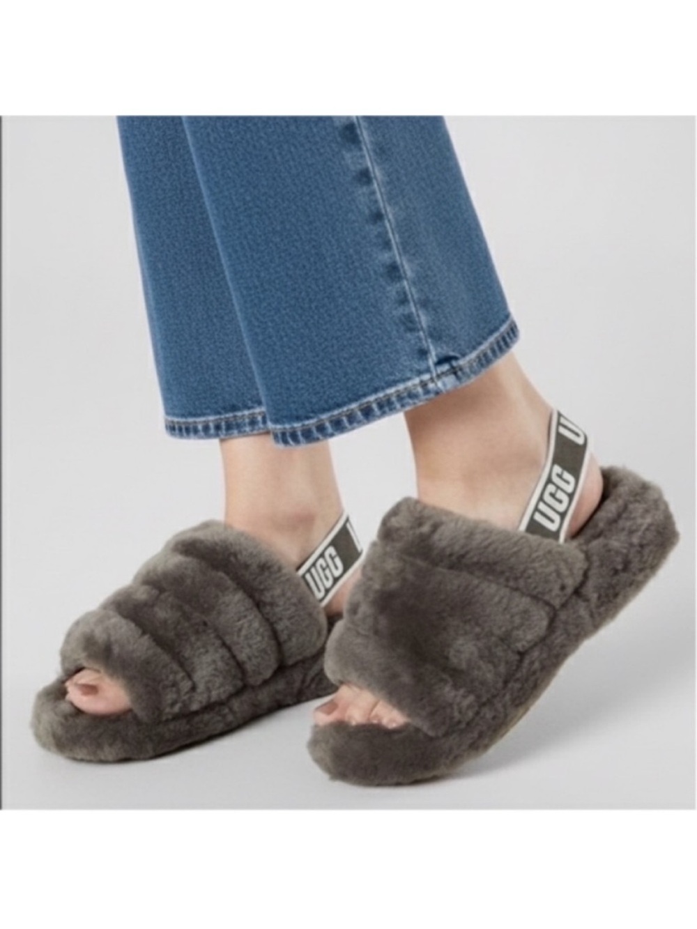 UGG Fluff Yeah Grey Genuine Shearling Slides Size 8